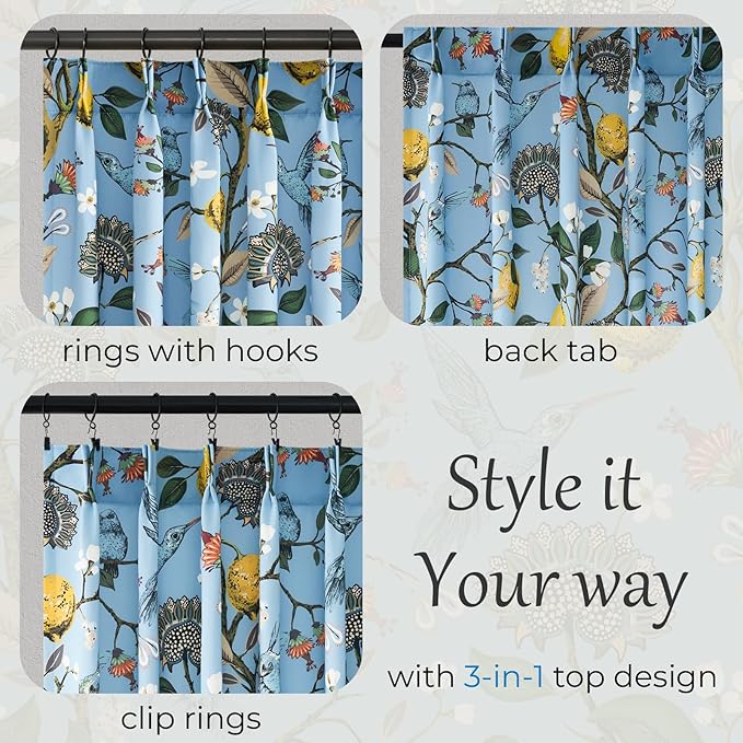 Light Blue Rustic Pinch Pleated Curtains 96 Inches Long for Living Room Bedroom Blackout Vintage Art Deco Anthropologie Vintage Floral Lemon Hummingbird Drape 2 Panels