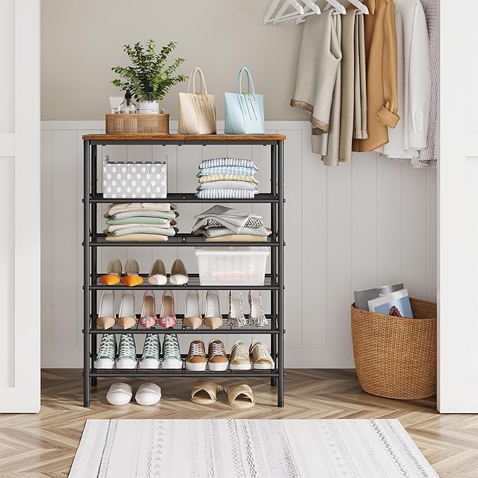Tajsoon 6 Tier Free Standing Shoe Rack for 20-24 Pairs, X Shape Fixed Frame Metal Mesh Shoe Rack for Closet, Rustic Brown & Black