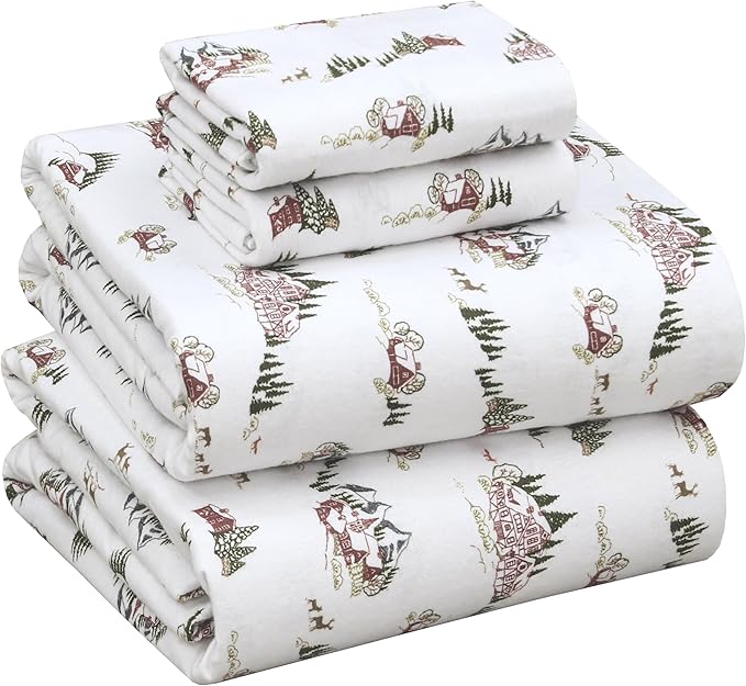 RUVANTI Flannel Sheets King Size - 100% Cotton Brushed King Bed Sheets Set - Deep Pockets 16 Inches - All Seasons Breathable & Extra Soft - Warm & Cozy, 4 Piece, Hilly Huts