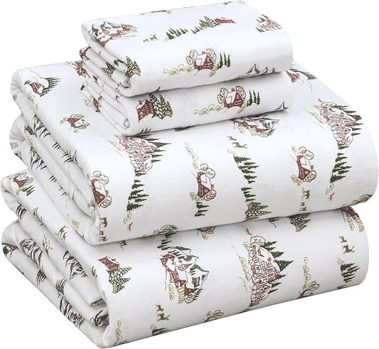 RUVANTI Flannel Sheets Full Size - 100% Cotton Double Brushed Bed Sheets Set, Deep Pockets 16 Inches, All Seasons Breathable & Extra Soft Full Sheets, Warm & Cozy, 4 Piece, Hilly Huts