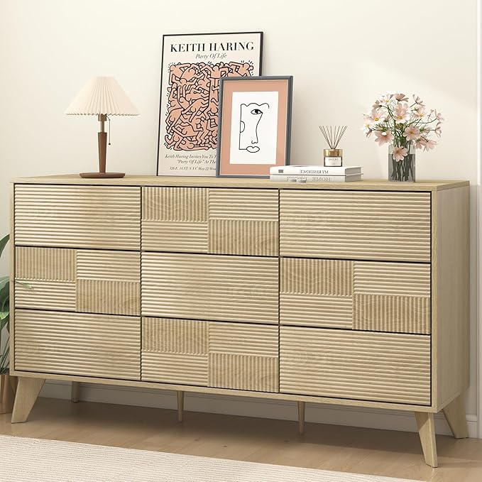 Hadulcet Wooden Dresser for Bedroom, Mid Century Modern 55” Long Fluted 9 Drawers Dresser Storage Clothes for Closet Organizer, Handleless Design, Push to Open, Natural Oak