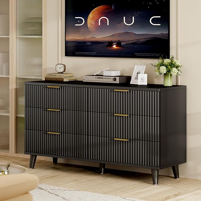 Lulive Black Dresser for Bedroom Wood Dressers Chest of Drawers, Fluted 54" Wide Modern Long Dresser TV Stand 6 Drawers for Bedroom, Closet, Hallway (Black)