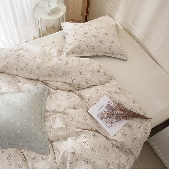 HighBuy Boho Floral Duvet Cover Full Cotton Aesthetic Bedding Set,Comforter Cover 3 Piece,Reversible Green Garden Lightweight,Soft,Zipper Closure,Breathable,All Season