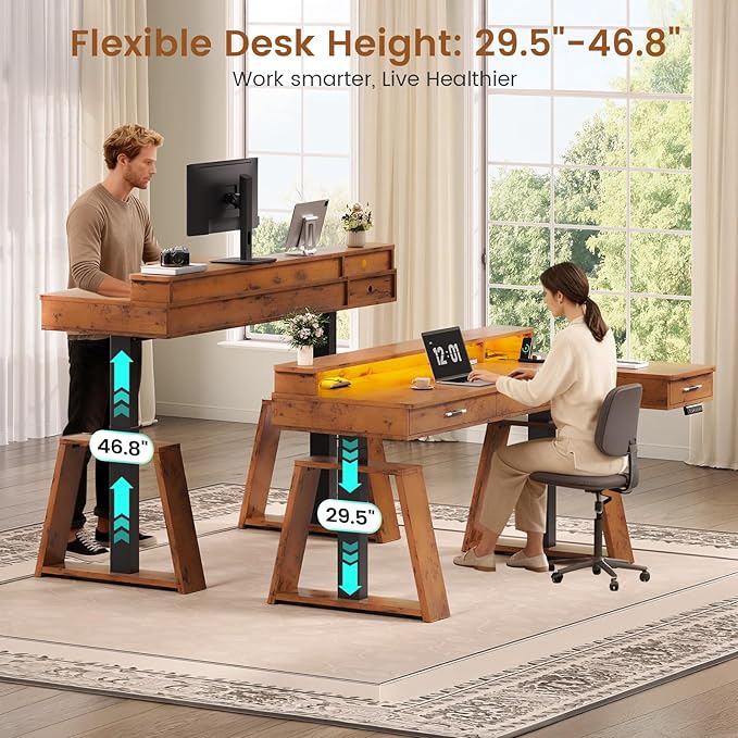 SEDETA 59 Inch L Shaped Electric Standing Desk with Drawers, Executive Adjustable Desk with Power Outlets, Monitor Stand, Sit Stand Computer Table for Home Office, Brown