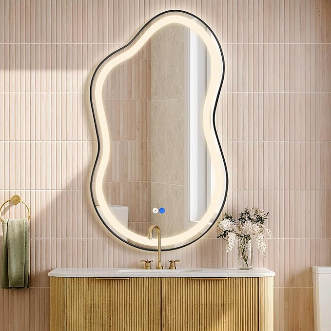 Dorlicecass Irregular Led Bathroom Mirror- Black 20"x36" Single Piece Vanity Mirror with Lights IP54 Enhanced Anti-Fog, 3 Colors Dimmable, Memory,Tempered Glass,UL Listed