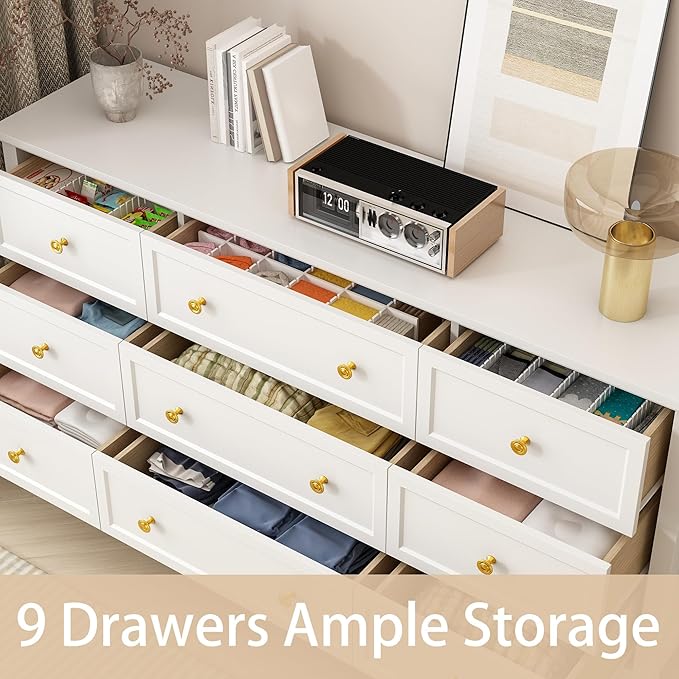 White 9 Drawers Dresser for Bedroom, 59'' Large Wood Dresser with Gold Handles, Modern Wide Chest of Storage Drawers for Hallway, Living Room