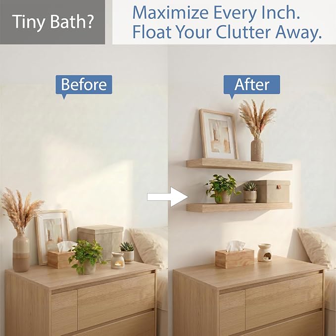 Oak Floating Shelves for Bathroom & Living Room Decor, 24 Inch Rustic Wood Wall Mounted Shelves for Plants, Books, Towels & Storage Display, Set of 2