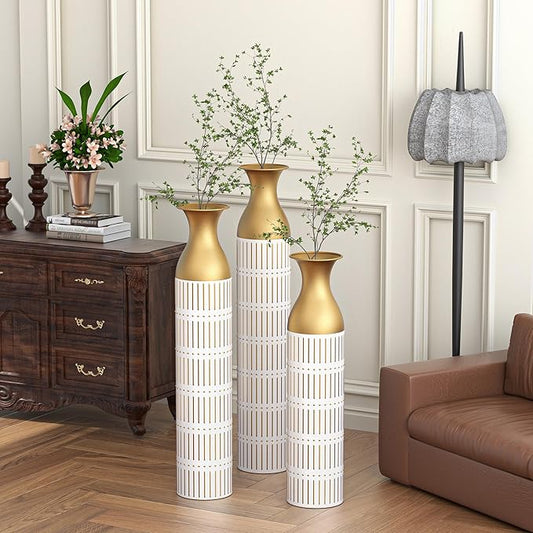 Metal Floor Vases Decorative, Set of 3 Flower Arrangement Stand, White Glazed Metal Decorative Vase Tall Distressed Metallic Centerpiece Vases, 33.5", 28.7", 24" H (White PU)