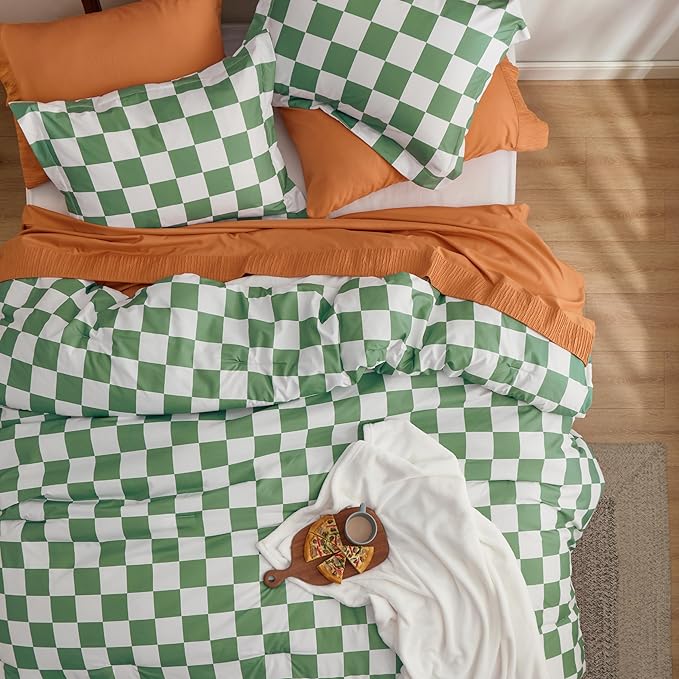 Bedsure Comforter Set Queen Size - Checkered Bedding Comforter Set for Boys, 3 Pieces, 1 Soft Green Comforter and 2 Pillow Shams