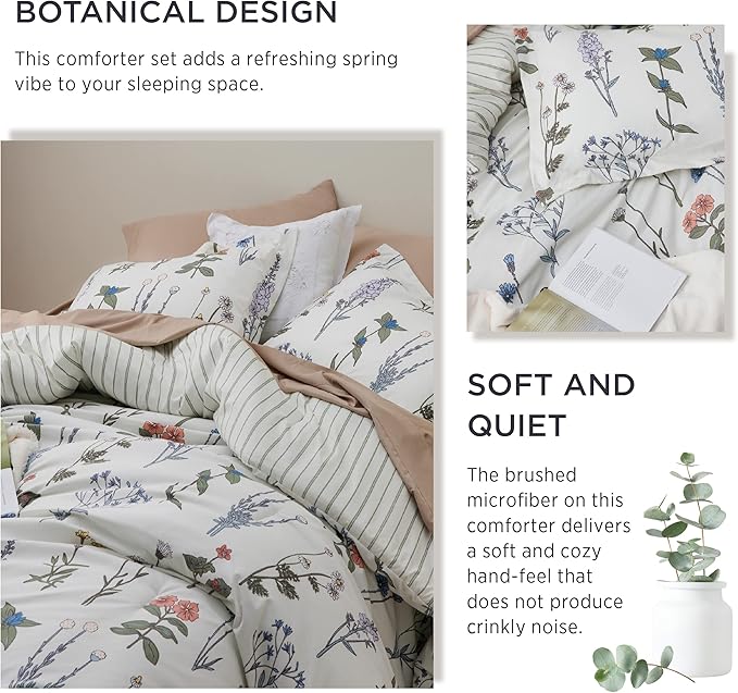 Bedsure Comforter Set Full Size - Cute Floral Bedding Comforter Set, 3 Pieces, 1 Soft Reversible Coconut White Botanical Flowers Comforter and Pillow Shams