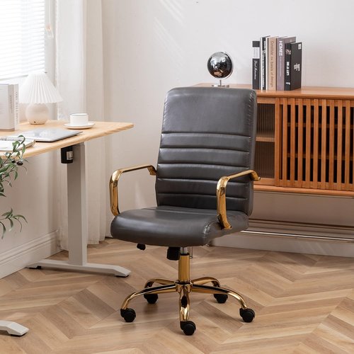 BTEXPERT Executive Chair - Gray Faux Leather with Golden Arms & Lumbar Support | High Back Desk Armchair