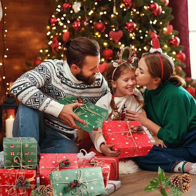 Panigkids Xmas Wrapping Paper Rolls - 4 Jumbo Kraft Wrap (17in x16.4ft Each) for Kids Adults, Festive Golden Red Tree & Green Snowflakes, Durable Holiday Gift Wrap + Jute Twine