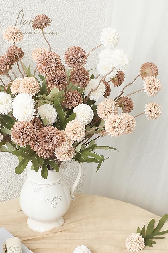 Floroom 9pcs Taupe Beige Mix Faux Silk Mums Artificial Flowers, Bulk Fake Small Mini Chrysanthemums with Stems for DIY Wedding Centerpieces Floral Arrangements Vase Fillers Home Decorations