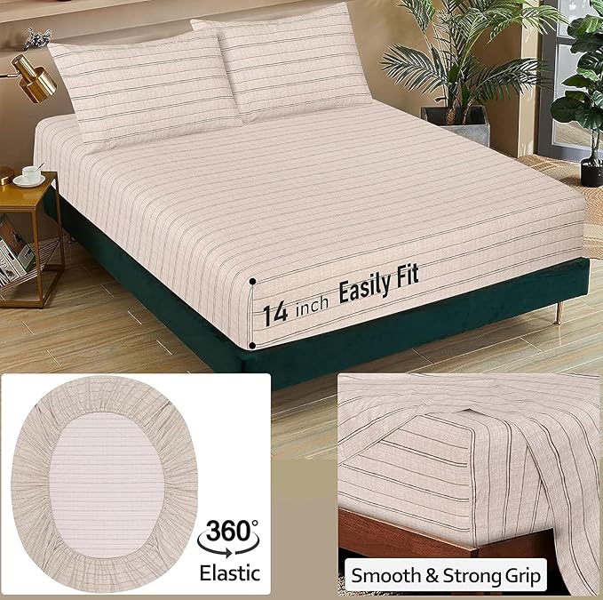 RUVANTI 100% Cotton California King Sheet Sets, 4 Pieces, Soft & Breathable Percale Weave Bedding, Deep Pocket 14", Hotel Standard, Crisp Cool Feel & Durable, Perfect Striped Sheets, Brown Stripes