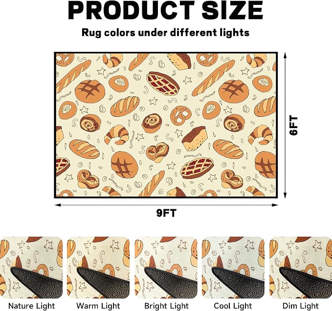 Cute Bread Area Rug 3D Cattoon Carpt Waffle Croissant and Muffin Rugs for Bedroom Living Room Kitchen Nursery Playroom Home Decor Washable Non Slip Floor Mat,6'x9'