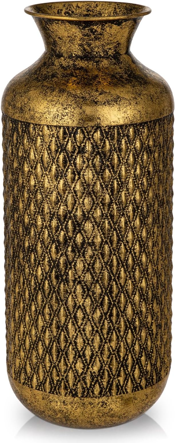 Flower Vase Rustic Metal Vases, 16" Black and Gold Pattern Vase for Farmhouse Home Décor Artificial Flowers and Centerpieces