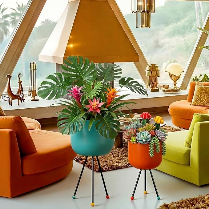 Frienda 2 Pack Mid Century Modern Decor Mid Century Modern Planter Metal Flowerpot with Stands Stylish Floor-Standing Flowerpot for Boho Home Office Indoor Outdoor Decor 20", 18" h(Orange, Blue)