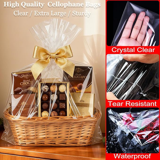 SYOGUA Extra Large Clear Cellophane Bags, 5 Pack 40" x 55" Jumbo Crystal Clear Gift Bags, 3 Mil Thick Huge Plastic Bags for Baskets Packaging, Cellophane Wrap Christmas Gift Bags