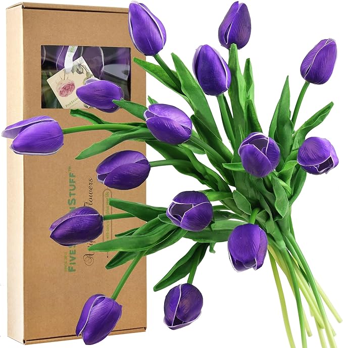 FiveSeasonStuff Real Touch Tulips Artificial Flowers – 15 Stems Faux Tulip Bouquet in Gift Box for Wedding, Home Decor, Party, Floral Arrangements (Sweet Plum Purple)