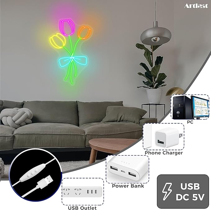 Tulip Flower Neon Sign for Wall Decor LED Tulip Lamp With Dimmable Switch Tulip Neon Night Light for Bedroom Wall Decor Flower Shop Decor Tulip Sign for Living Room Party Decoration