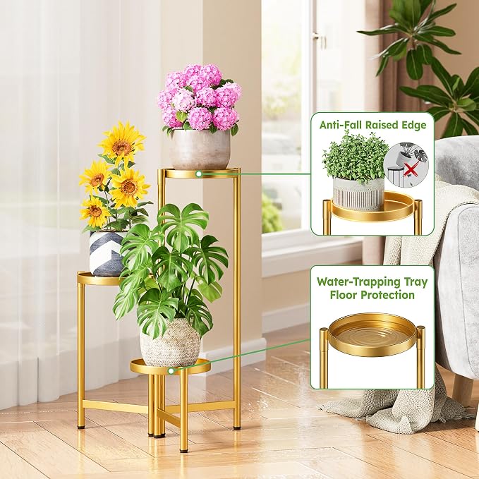 3 Tier Gold Plant Stand Indoor with 7.9 Inch Wide Tray, 3-Tiered Corner Metal Outdoor Flower Holder Stand, Folding Tall Rack for Display Shelf for Patio Porch Balcony - GoldDisk