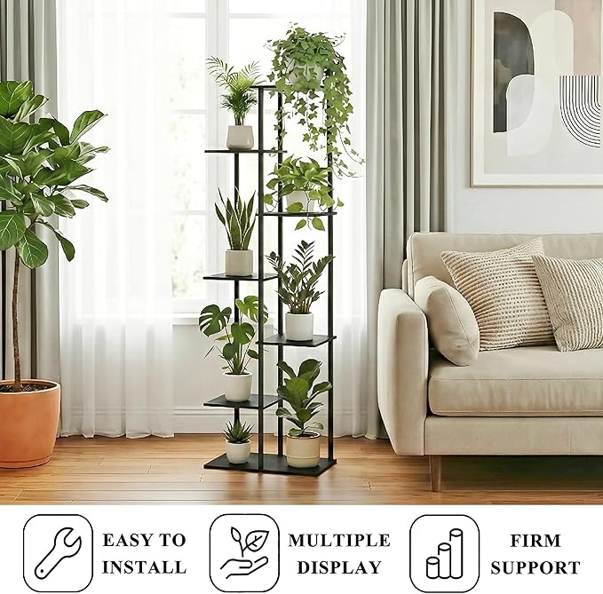 Plant Stand Indoor 7 Tier 8 Potted Metal Wood Plant Shelf, Multiple Flower Pots Corner Tall Plant Holder Stands for Living Room Balcony Bedroom, Black