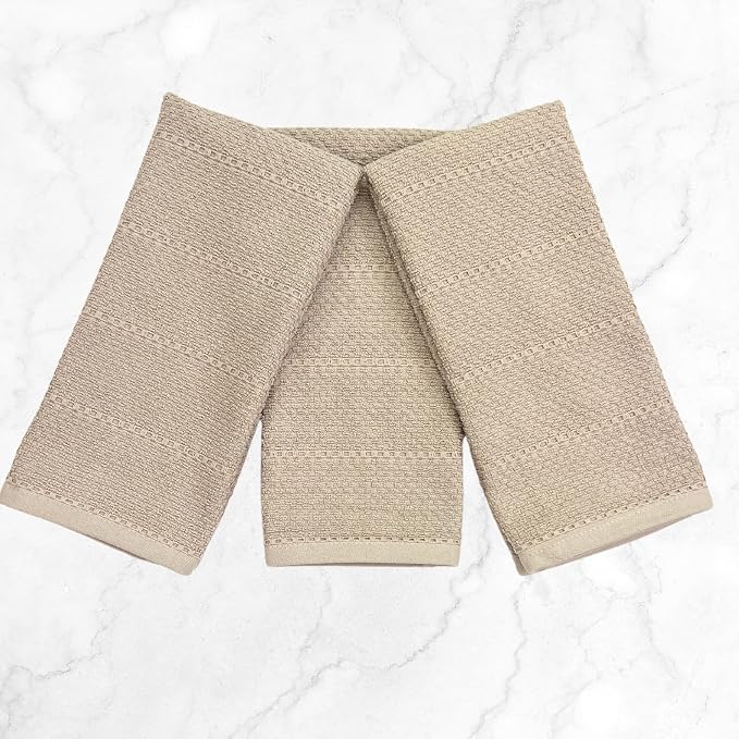 Beige Clay Light Brown Taupe Kitchen Hand Dish Towels: Oversized 28" x 18",100% Cotton Cloth Soft Cleaning Drying Absorbent Textured Design, Set of 3 Multipurpose for Everyday Use (Beige Textured)