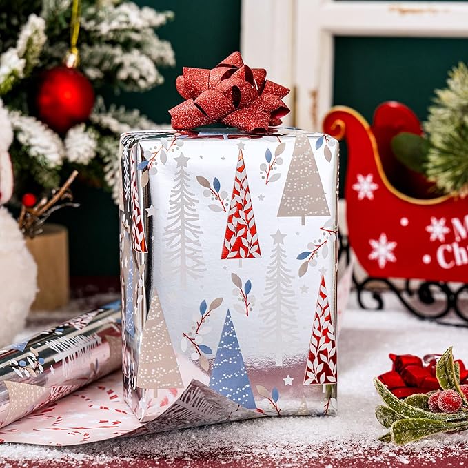 MAYPLUSS Christmas Wrapping Paper Roll - 17IN X 33FT - Silver Gift Wrapping Paper Featuring Triangle Christmas Tree Against Silver Reversible Candy Cane for Kids, Holiday, New Year