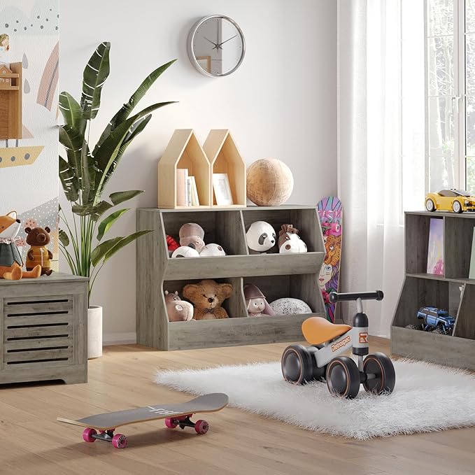 DINZI LVJ Kids Bookshelf, Toy Storage Organizer, Wooden Toy Storage Cabinet, 4 Cubby Children Bookcase, 39.4" L Toddler Book Shelf for Bedroom, Nursery, Hallway, School, Gray Wash