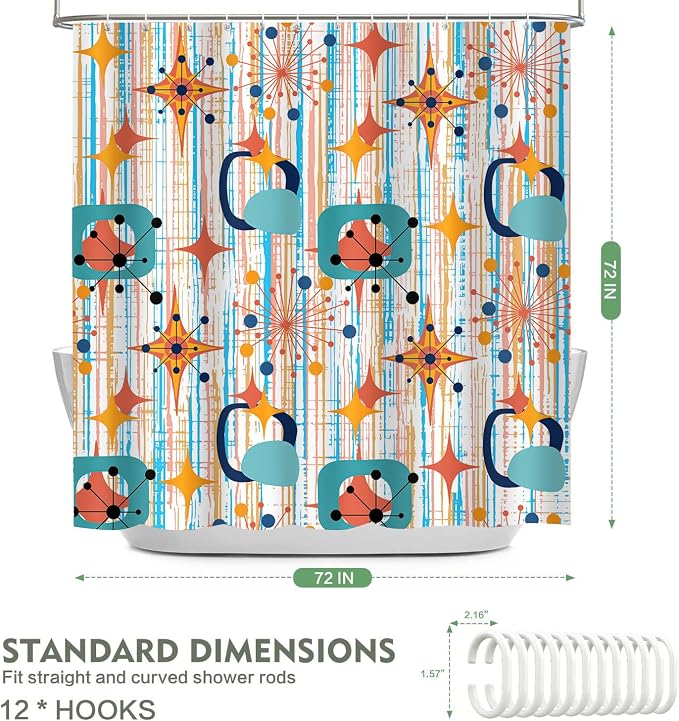 Mid Century Shower Curtain, 72x72inch, Modern Abstract Retro Colorful Striped Geometric Shower Curtain Sets 1950s Boho Bathroom Shower Curtain with 12 Hooks
