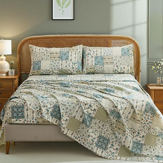 Shabby Chic Floral Patchwork Sheets Set King Size, Crisp Cooling Sheets with a Smooth Cotton Percale Lightweight Feel, 4 Pieces Luxury Soft Deep Pocket Fitted Sheet 17.5''