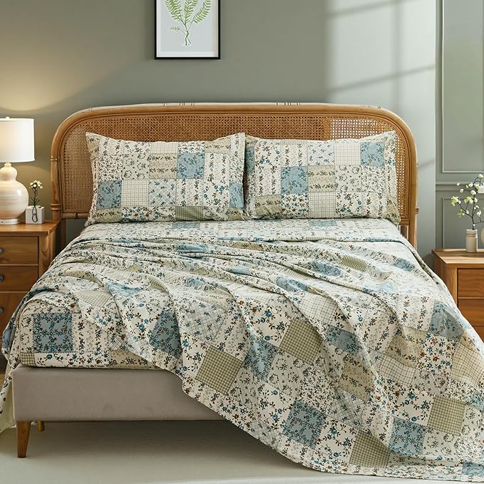 Shabby Chic Floral Patchwork Sheets Set Queen Size, Crisp Cooling Sheets with a Smooth Cotton Percale Lightweight Feel, 4 Pieces Luxury Soft Deep Pocket Fitted Sheet 17.5''