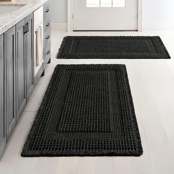 MIULEE Set of 2 Waffle Bathroom Rugs, Boho Bath Rug Super Absorbent, Non Slip Washable Ultra Soft Rubber Backed Shower Bath Mats for Floor, Tub, Shower, Looped Design, Black, 18x30 Inch