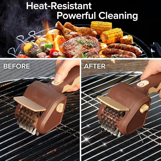 Lrly BBQ Grill Brush for Outdoor Grill, Cordless Electric Grill Cleaner, Rechargeable Grill Cleaning Stainless Steel Brush, Grill Scraper, BBQ Accessories Brown