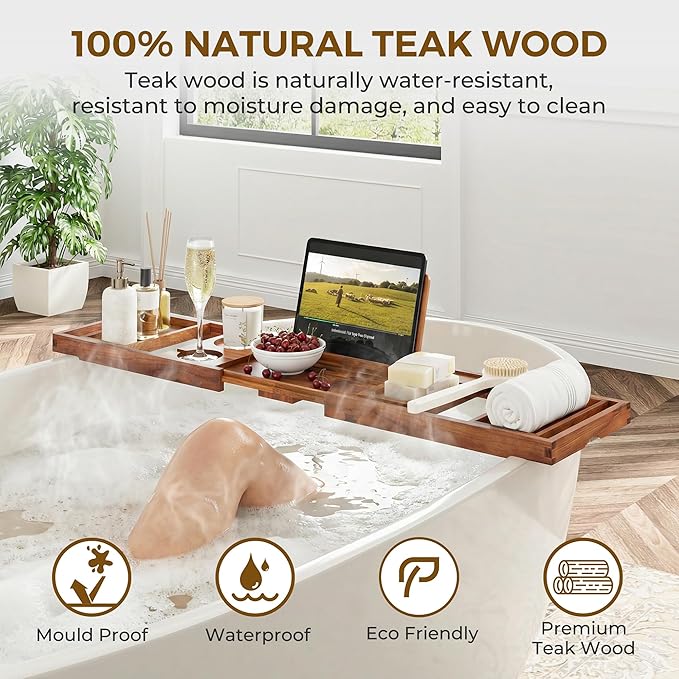 Venusmiles Teak Bathtub Tray Caddy, Foldable Bath Tray with Expandable Handles, Wine Glass and Phone Holders, Book Stand, for Home Spa Relaxation, Luxury Bathroom Accessories - Light Walnut Color