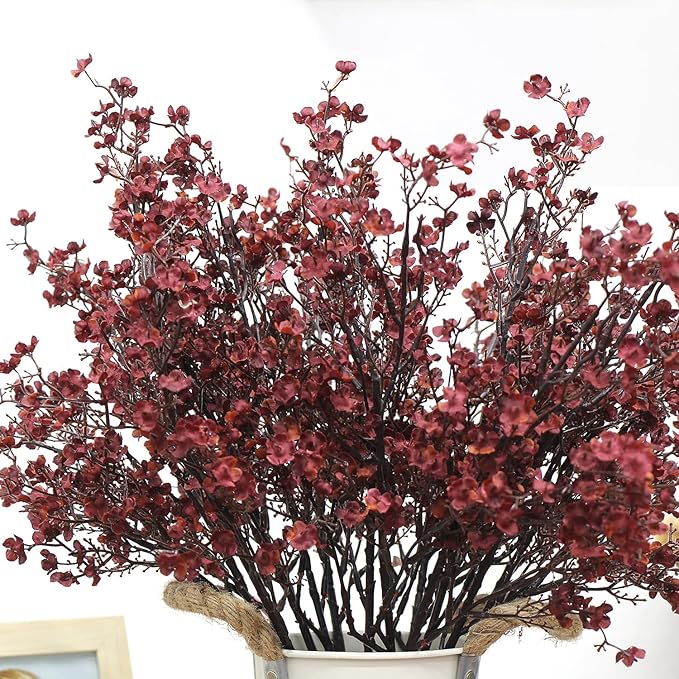 JAKY-Global Babys Breath Silk Artificial Flowers Bulk w/Vase 10pcs Fall Decor Fake Flower Bouquet Bulk Home Kitchen Indoor Bouquet Floral Arrangement Table Centerpieces Decor(Burgundy Red)