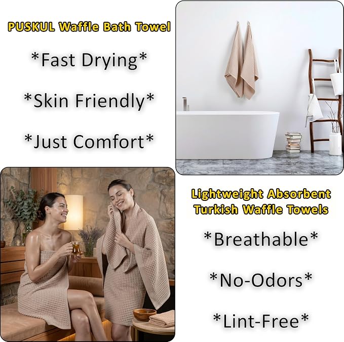 PÜSKÜL Natural 100% Turkish Cotton Waffle Bath Towels Set of 2-Piece | 32x63 inch Extra Large Absorbent Quick-Dry Lightweight Spa Towel | Luxury Sauna Accessories (Beige Bath Towels - Pack of 2)