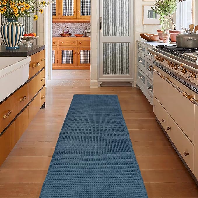 ZALL Blue Waffle Bath Mat,Super Absorbent Non Slip Bathroom Rug, 24x72inch, Machine Washable Ultra Soft Floor Mats