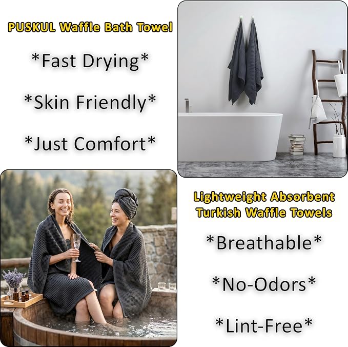 PÜSKÜL Natural 100% Turkish Cotton Waffle Bath Towels Set of 2-Piece | 32x63 inch Extra Large Absorbent Quick-Dry Lightweight Spa Towel | Luxury Sauna Accessories (Dark Gray Bath Towels - Pack of 2)