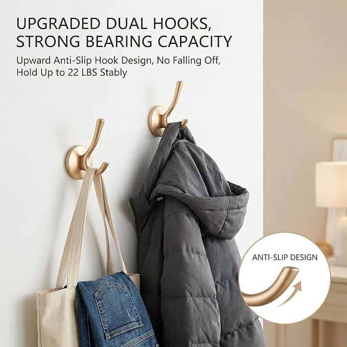 Matte Gold Towel Hooks 4 Pack, Heavy Duty Zinc Alloy Double Prong Coat Robe Hooks, Wall Mounted Towel Hooks for Bathroom, Kitchen, Closet, Garage, Entryway (195gold)