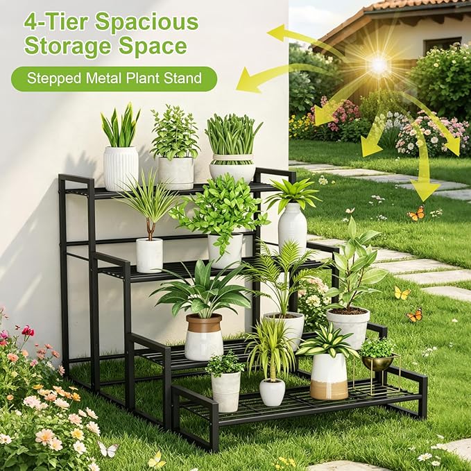 VyGrow Plant Stand, 4 Tier Widened Stackable Tiered Plant Stand, Upgraded Scalable Heavy Duty Tall Plant Shelf for Indoor Outdoor, Garden, Display Shelves, Flower Pot Holder, Black