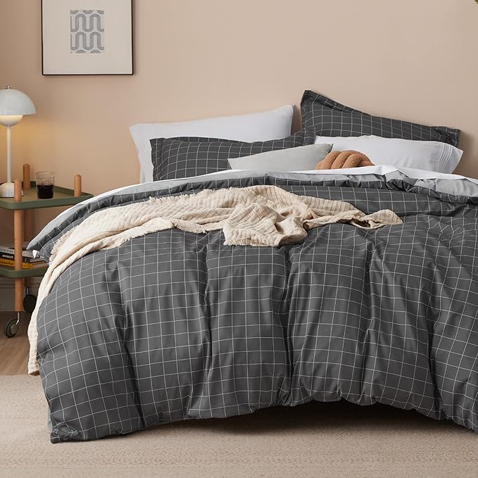 Bedsure Duvet Cover King Size - Reversible Plaid Duvet Cover Set with Zipper Closure, 3 Pieces Dark Grey Bedding Set with 8 Corner Ties and 2 Pillow Shams 20"x36"