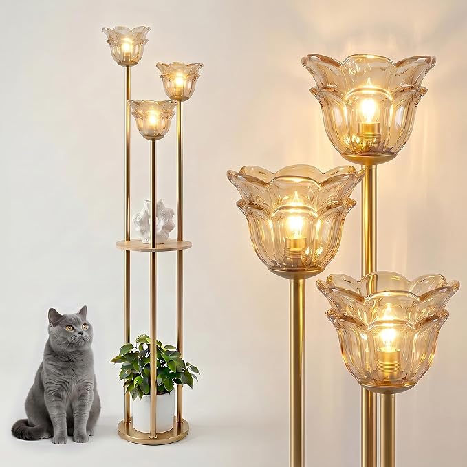 Fiqevs Crystal Floor Lamp with Shelves, 3 Head Modern Gold Standing Lamp with Table, Amber Flower Crystal Shade Brass Corner Lamp Mid Century Retro for Living Room, Bedroom
