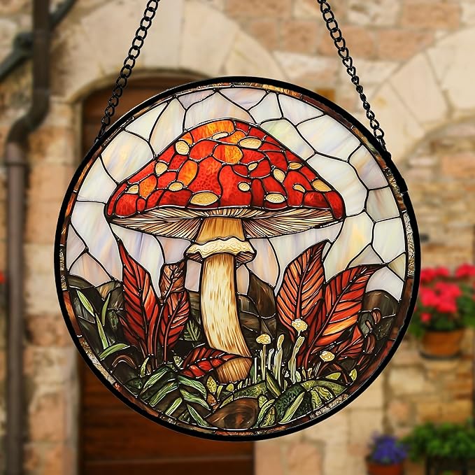 Stained Glass Window Hanging, Big Red Mushroom Suncatcher for Doors Home Sun Catchers Decoration and Christmas, Mother's Day Birthday Gifts for Women, Men, and Mom 7.8 in