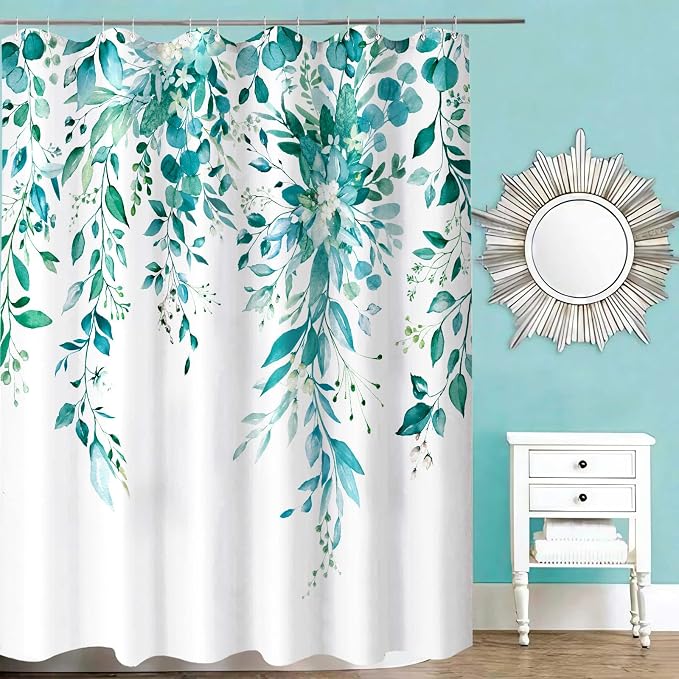 84 Inch Extra Long Teal Eucalyptus Shower Curtain Watercolor Floral Plant Leaf Shower Curtains for Bathroom Botanical Flower Waterproof Fabric Bath Curtain Decor with Hooks (Teal, 72'' x 84'')