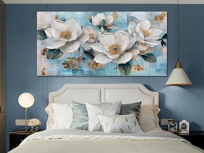 Ardemy Flower Wall Art for Living Room White Floral Canvas Art Wall Decor, Magnolia Teal Picture Textured Extra Large Painting Turquoise Artwork Bedroom Dining Room Kitchen Home Office 58"x29"