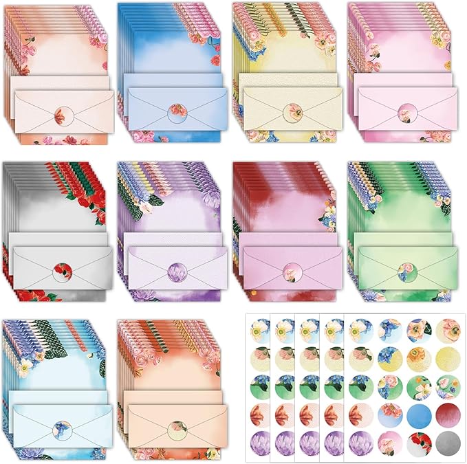 EggSun 250Pcs Watercolor Stationery Paper and Envelope Set with 100 Letterhead Papers and 50 Envelopes, 10 Design for Letter Writing,Invitations Computer Holidays Party Notes, 8.5x11 Inch-Floral