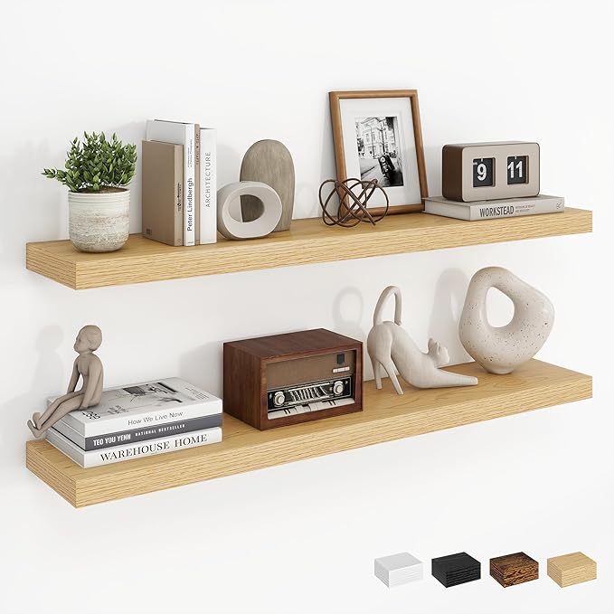 Dreamland 36Inch Floating Shelves for Wall, Rustic Wooden Floating Shelves for Bathroom|Bedroom|Kitchen, 2 Pack Deep Wall Mounted Book Shelf, Wood Storage Display Shelf for Home Decor, Oak