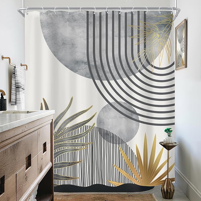 KOMLLEX Mid Century Boho Shower Curtain for Bathroom Decor Abstract Grey Modern Minimalist Gold Aesthetic Sun Arch Curve Leaves Geometric Neutral Fabric Waterproof Polyester 12 Pack Hook 60Wx72H