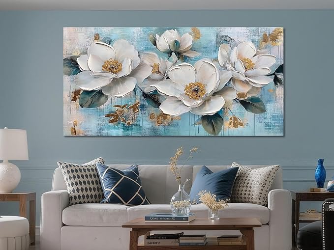 Ardemy Flower Wall Art for Living Room White Floral Canvas Art Wall Decor, Magnolia Teal Picture Textured Extra Large Painting Turquoise Artwork Bedroom Dining Room Kitchen Home Office 58"x29"